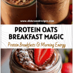 Jar of Chocolate Strawberry Protein Overnight Oats topped with strawberries and oats for a balanced breakfast idea